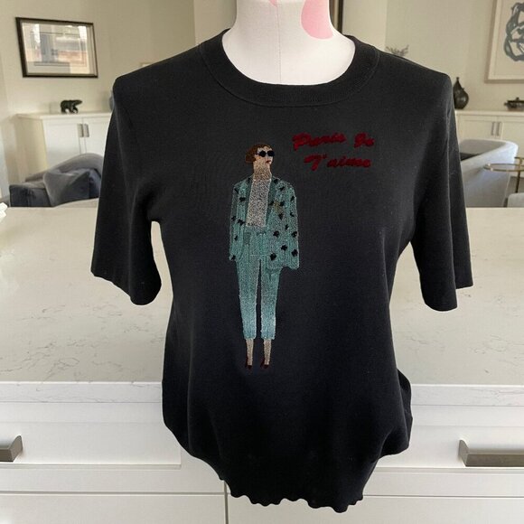 III Viviniko Rare SS Crew Neck Knit Top w Raised Graphics Blk Red Blue Sz M - Picture 1 of 11